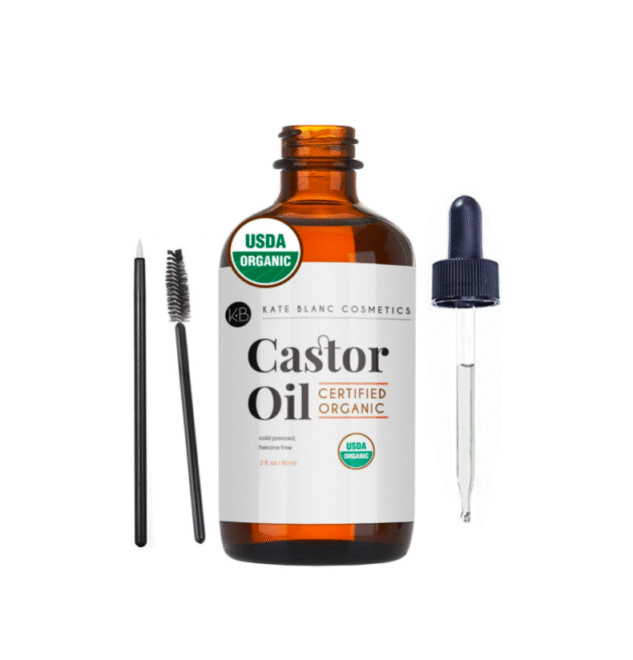 Castor Oil (2oz) USDA Certified Organic, 100% Pure, Cold Pressed, Hexane Free by Kate Blanc. Stimulate Growth for Eyelashes, Eyebrows, Hair. Lash Growth Serum. Brow Treatment. FREE Mascara Starter Kit